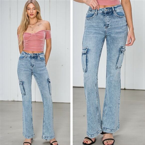 RISEN Retro Cargo High-Rise Slim Flare Tapered Acid Wash Denim Jeans Utility Pan - Picture 8 of 10